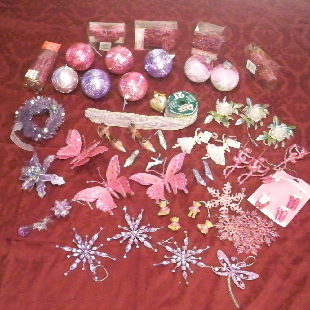 Assorted Pink, Purple Christmas ornaments